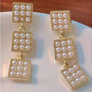 Gold Tone Dangle Drop Earrings for Pierced Ears Pearl Inlay Style Triple Square